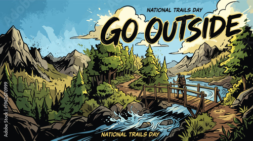 Trails Day Go Outside Wooden Bridge Crossing River Hiking Trail