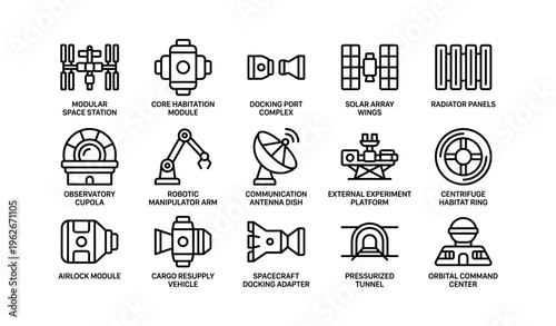Space station components icons: antenna, docking, observatory, radiator, habitation modules