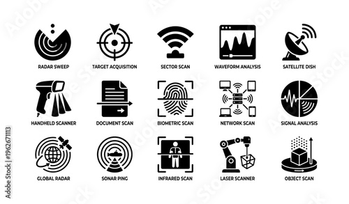 Set of scanning and analysis icons featuring radar, target, and biometric symbols