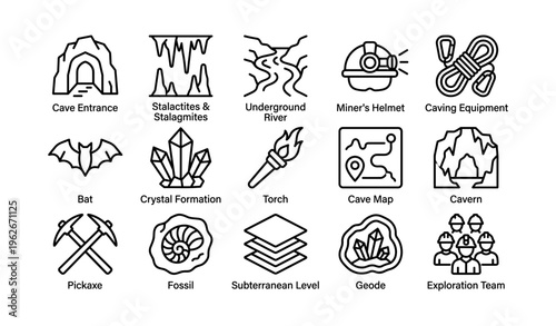 Cave exploration icons: tools, locations, and natural formations