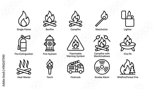 Fire safety symbols: flames, fires, extinguishers, and warning icons