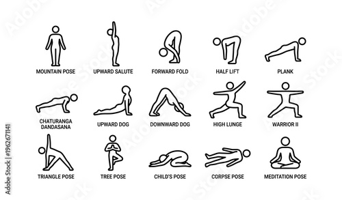 Stick figure yoga poses collection: mountain, upward salute, forward fold, plank, warrior ii