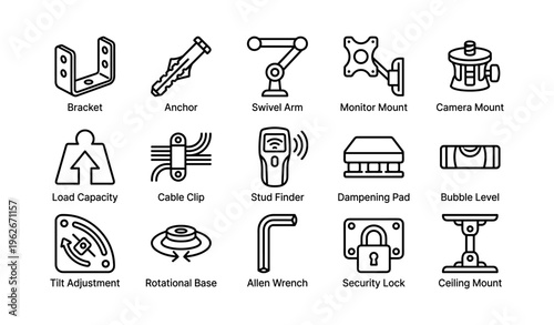 Illustrated hardware icons: bracket, anchor, swivel arm, and more in black and white