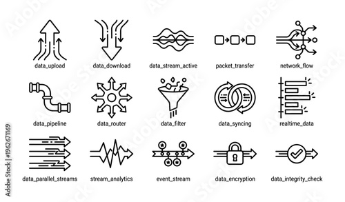 Data icons set: upload, download, stream, pipeline, encryption, analytics
