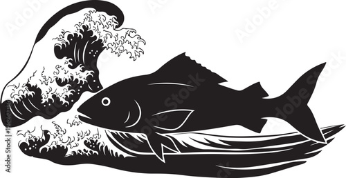 Black fish swimming under a large wave