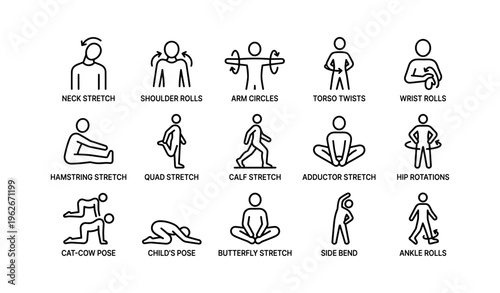 Illustrated guide to 15 full-body stretching exercises for flexibility and relaxation