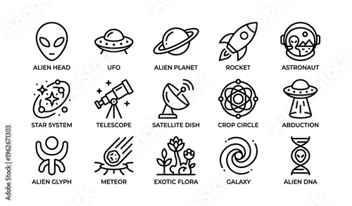 Alien icon set featuring ufos, rockets, and astronauts in space