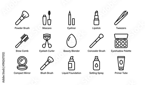 Essential makeup tools set with brushes, mascara, eyeliner, lipstick, and more