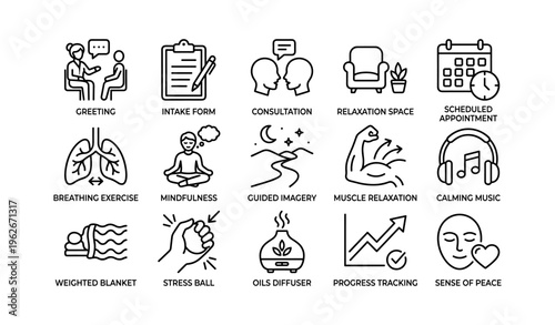 Wellness and relaxation techniques illustrated: mindfulness, breathing, guided imagery, calming music