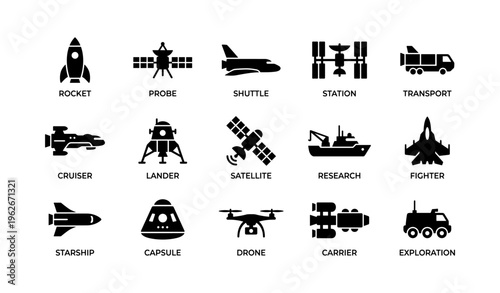 Spacecraft silhouettes: rockets, satellites, shuttles, and drones
