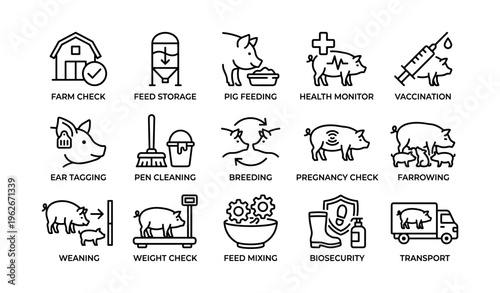 Pig farming icons: health monitoring, feeding, breeding, and biosecurity