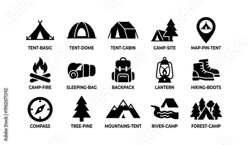 Camping icons: tents, campfire, backpack, lantern, hiking boots, compass, mountains, river