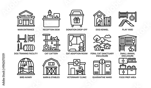 Animal shelter icons collection including cat kennel dog play yard and veterinary clinic