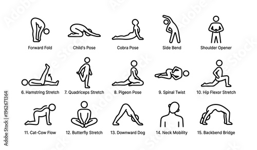 Yoga pose icons: forward fold, cobra, side bend, shoulder opener, downward dog illustrations