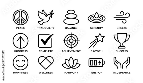 Icons of peace, tranquility, balance, serenity, and wellness