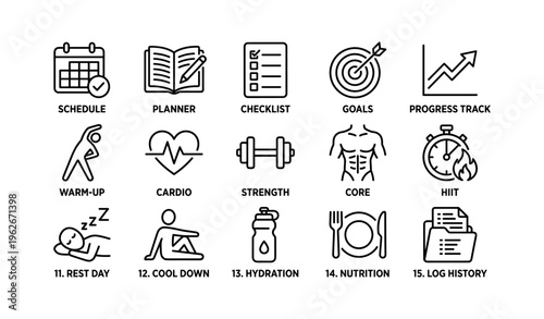 Comprehensive fitness routine icons: schedule, goals, cardio, strength, nutrition