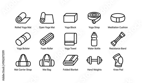 Essential yoga and fitness gear icons: mat, block, strap, foam roller, weights