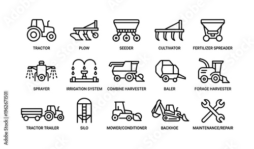 Agricultural machinery icons: tractor, plow, seeder, harvester, spreader