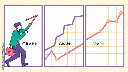 Three panels showing rising graphs with businessman pushing arrow. Concept of analytics report, business performance comparison, sales growth, marketing results, investment progress, and data analysis