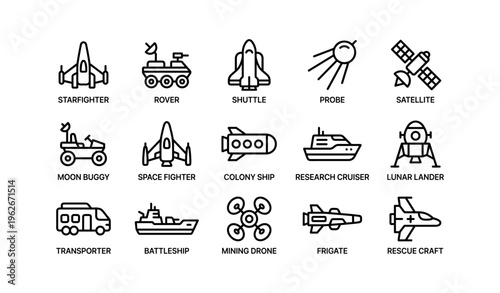 Futuristic space and exploration vehicle icons collection