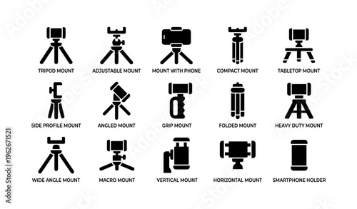 Camera and phone mount icons: tripod, adjustable, compact, tabletop, angled, grip, vertical, smartphone holder