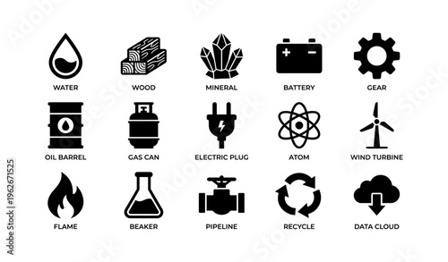 Energy and resource icons: water, wood, mineral, battery, gear, and more