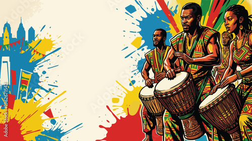 Odunde Festival Cultural Visual with Djembe Drums and Fabric Patterns Composition