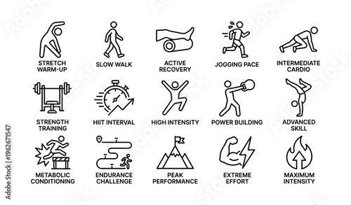 Fitness icons illustrating various training stages and activities