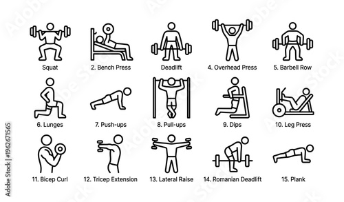 Strength training exercises icons: squat, bench press, deadlift, push-ups