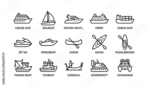 Collection of nautical vessel icons including cruise ship, sailboat, and kayak