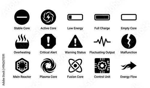 Energy status icons: core stability, energy levels, alerts, system warnings, power units