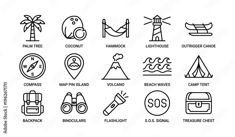 Fototapeta premium Beach adventure icons: palm tree, lighthouse, canoe, volcano, compass