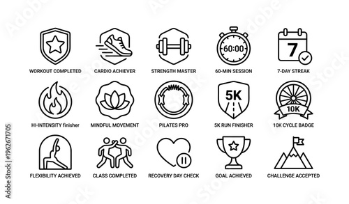 Fitness achievement icons set including cardio, strength, flexibility, and challenge badges
