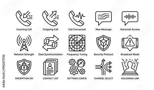 Communication icons set: calls messages network security settings technology