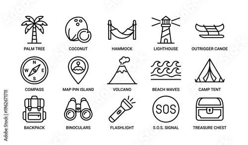 Beach adventure icons: palm tree, lighthouse, canoe, volcano, compass