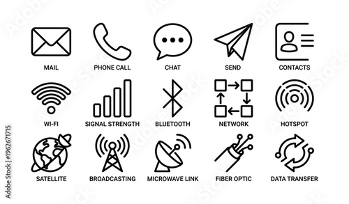 Communication icons: mail, call, chat, network, satellite, data transfer