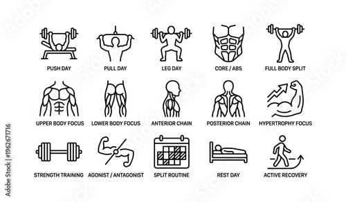 Comprehensive fitness routine icons: strength, core, cardio, recovery