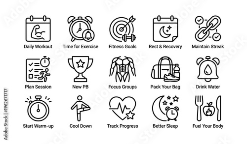 Fitness icons set including workout, goals, muscle, hydration, sleep, and nutrition
