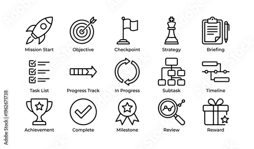 Icons for project management: strategy, objectives, and milestones