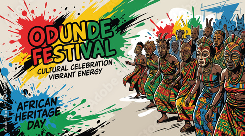 Odunde Festival Cultural Celebration with Colorful African Masks and Textile Patterns