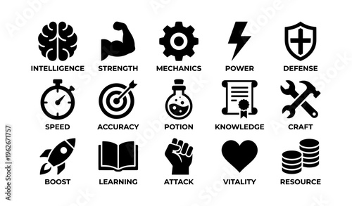 Set of 16 black and white icons representing various skills and attributes