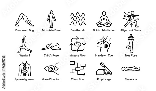 Yoga poses and practices icons including downward dog and guided meditation