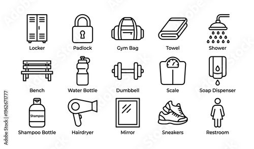 Gym essentials: locker, padlock, gym bag, towel, shower, equipment icons