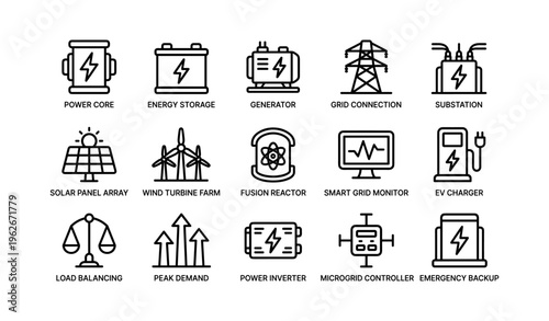Icons of power: energy storage, generators, solar, wind and grid systems