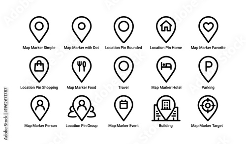 Set of minimalistic map markers for various locations and activities