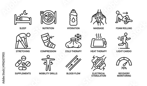 Fitness recovery routine icons: sleep, nutrition, hydration, massage, stretching