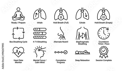 Breathing techniques and relaxation icons for meditation and health