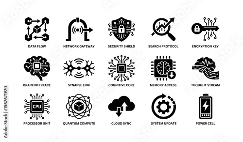 Icon set illustrating technology concepts like data flow and network gateway