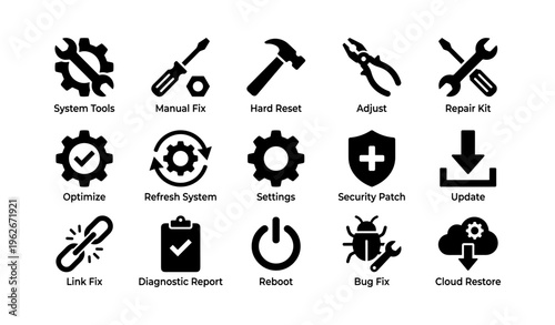 System maintenance icons: tools, settings, security, updates