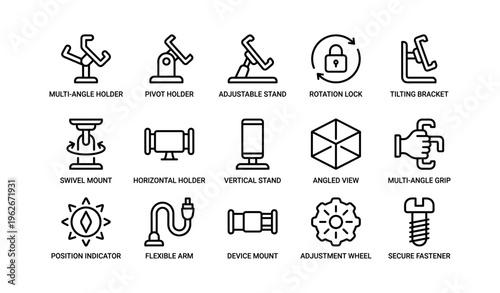 Device mount icons: adjustable holder, rotation lock, flexible arm, secure fastener